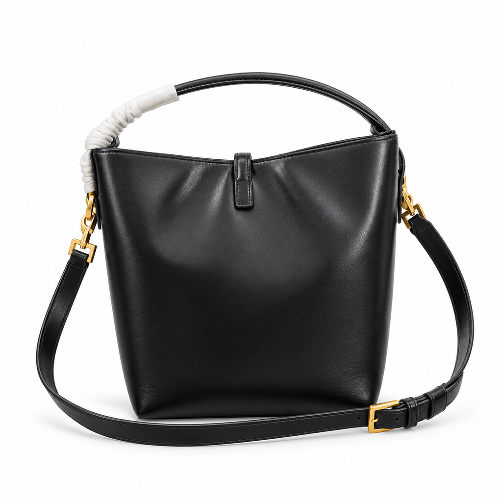 YSL Saint Laurent Suzanne Bucket Bag Black Smooth Leather Gold Hardware Curved Handle Adjustable Crossbody Strap
