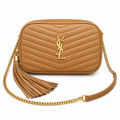 YSL Saint Laurent Lou Camera Bag Caramel Matelasse Chevron Leather Gold YSL Monogram Leather Tassel Gold Chain Strap