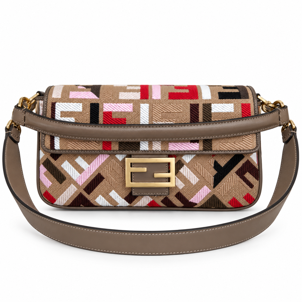 Fendi FF Shoulder Bag – Jacquard Canvas & Leather Trim, Flap Closure, 26cm