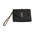 YSL Saint Laurent Envelope Clutch Black Quilted Leather Gold YSL Monogram Wrist Strap