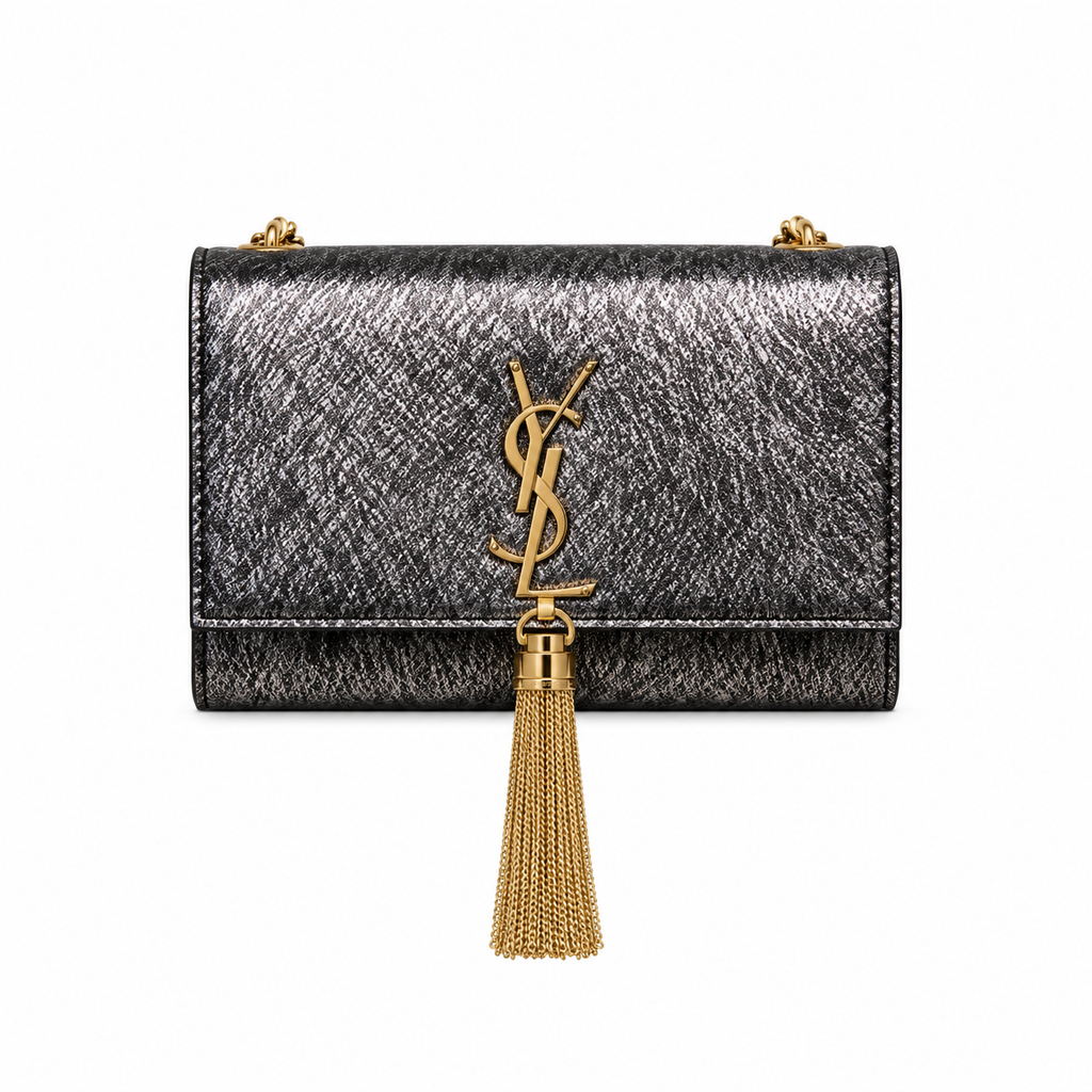 Saint Laurent Kate Small Tassel crossbody bag in gunmetal metallic leather with gold YSL monogram and chain tassel detail