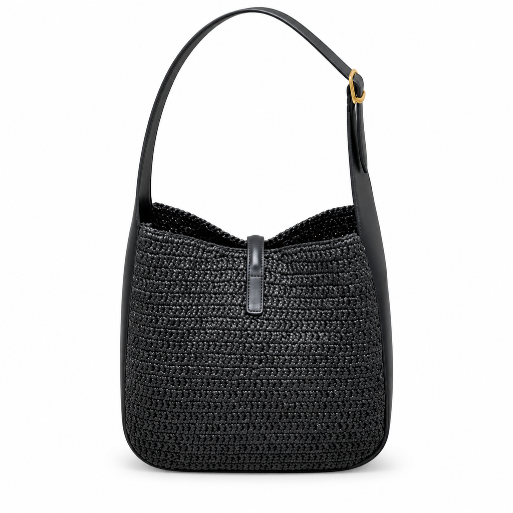 YSL Saint Laurent Le 5 À 7 Raffia Hobo Bag Black