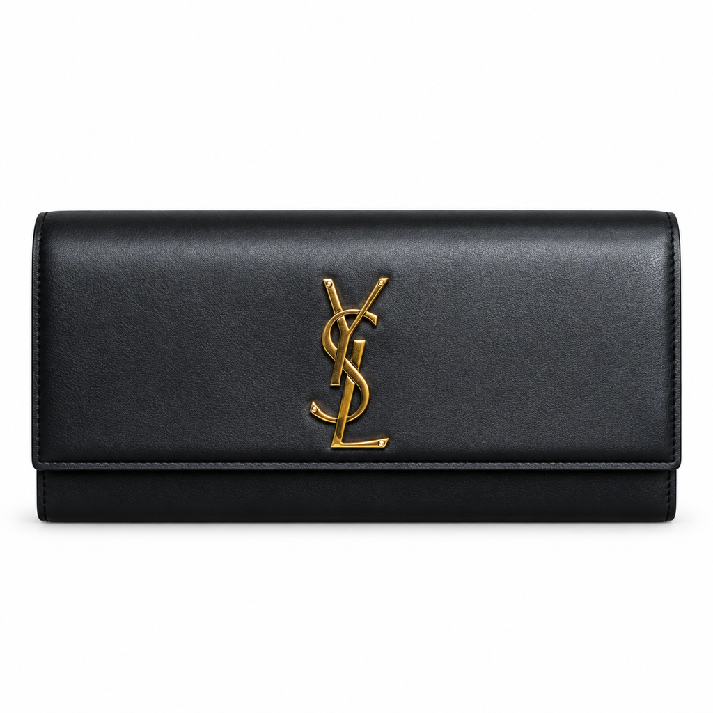 Saint Laurent Cassandre flat clutch in smooth black calfskin leather with oversized gold-tone YSL monogram on flap