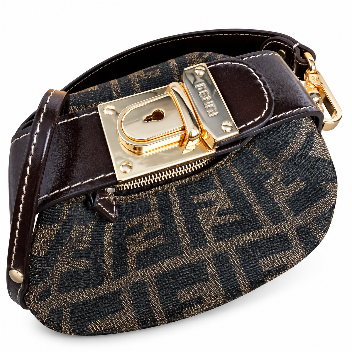 Fendi FF Mini Shoulder Bag – Jacquard Canvas & Leather Trim, Flap Closure, 15cm