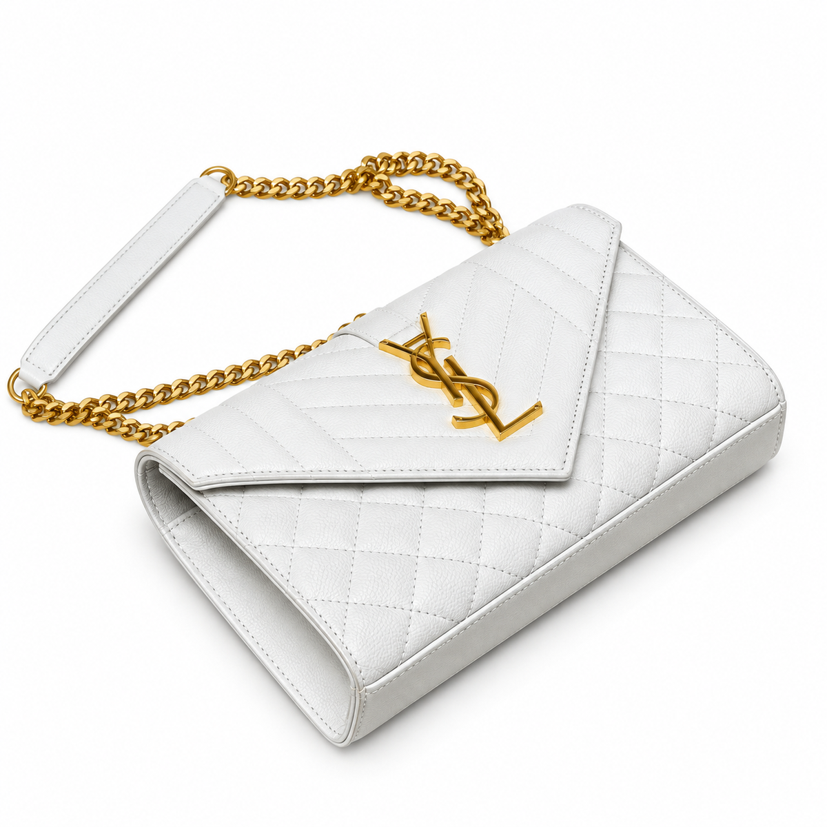 YSL Envelope Quilted Leather Chain Shoulder Bag White