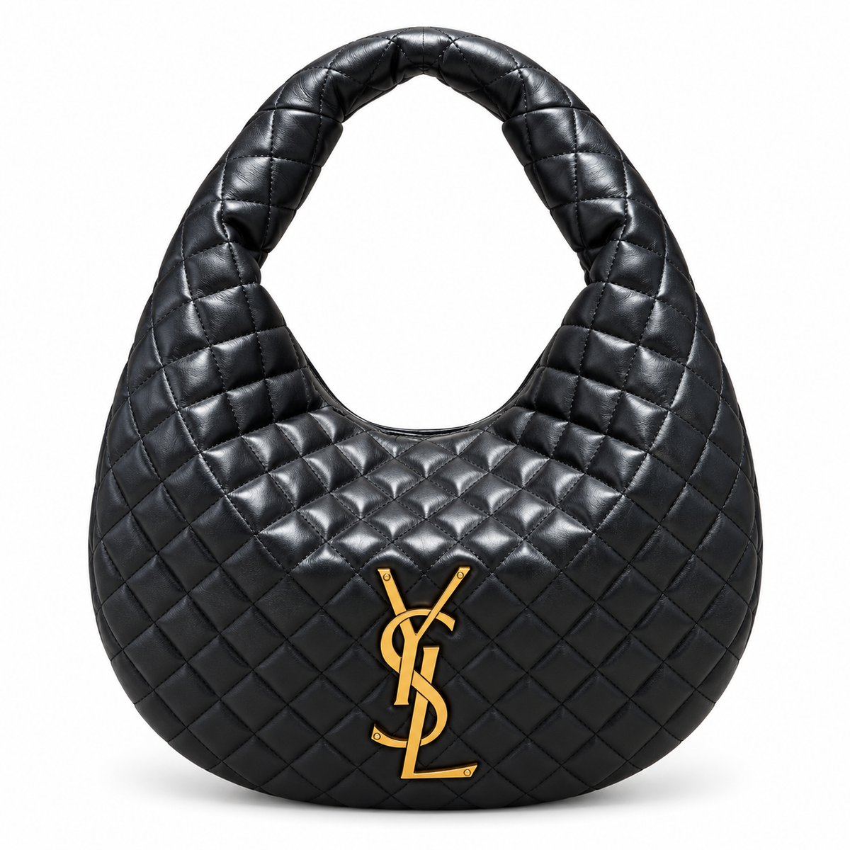 Saint Laurent black diamond-quilted lambskin leather hobo shoulder bag with padded top handle and antique gold YSL monogram