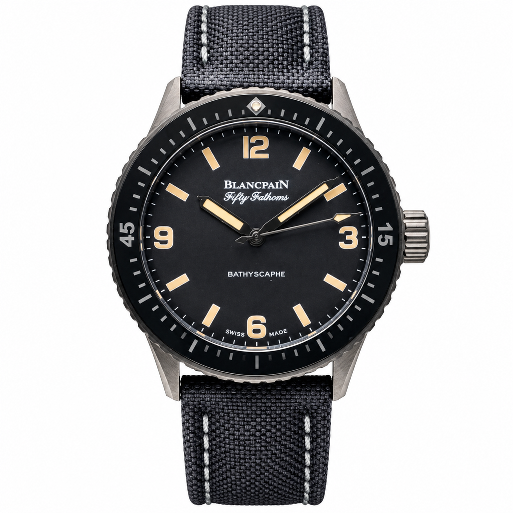 Blancpain Fifty Fathoms Bathyscaphe black vintage dial with cream numerals and anthracite canvas strap