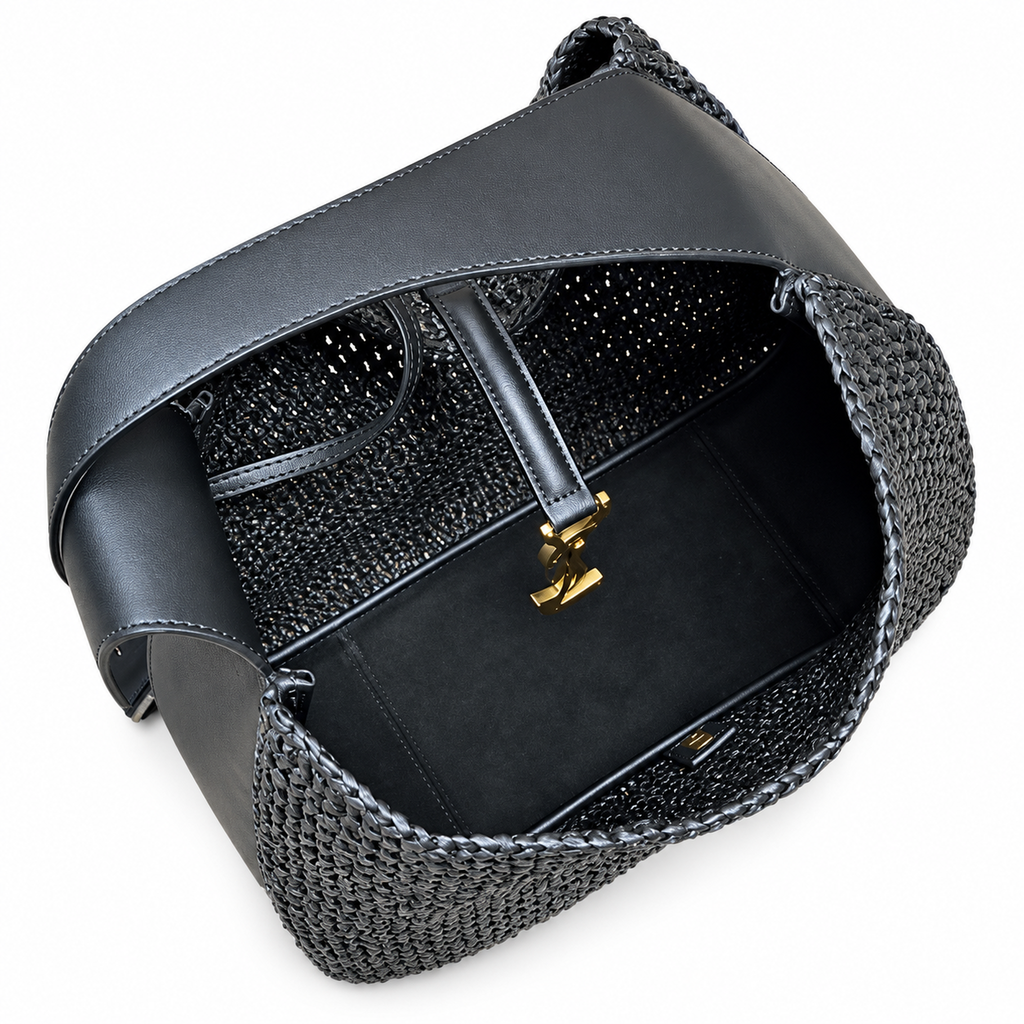 YSL Saint Laurent Le 5 À 7 Raffia Tote Bag Black