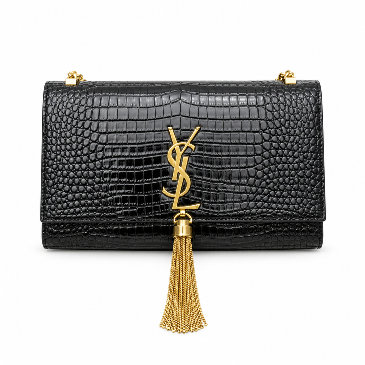 YSL Saint Laurent Kate Chain Bag Black Croc-Embossed Leather Gold YSL Monogram Tassel Chain Strap