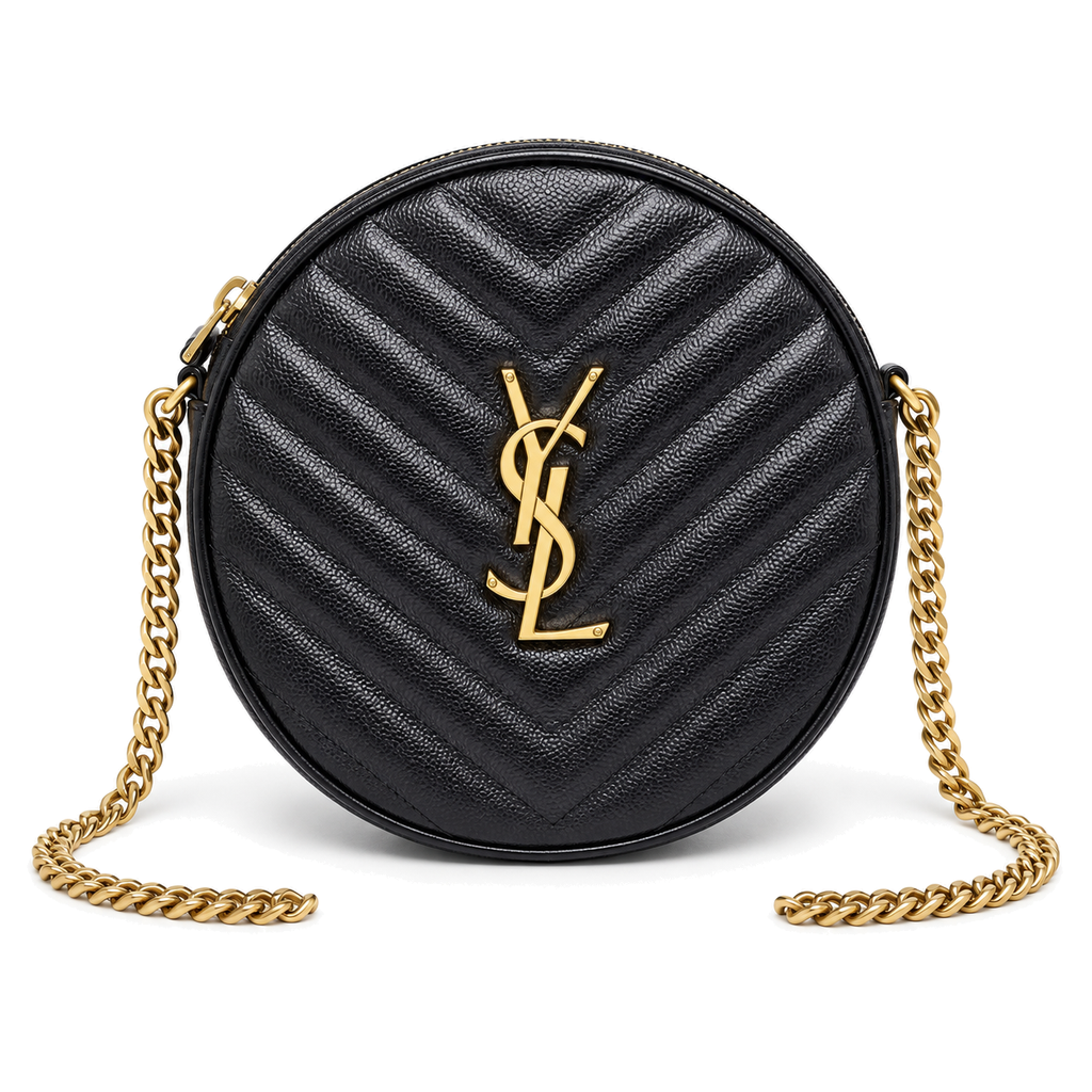 YSL Saint Laurent Vinyle Round Chain Bag in Black Matelassé Leather
