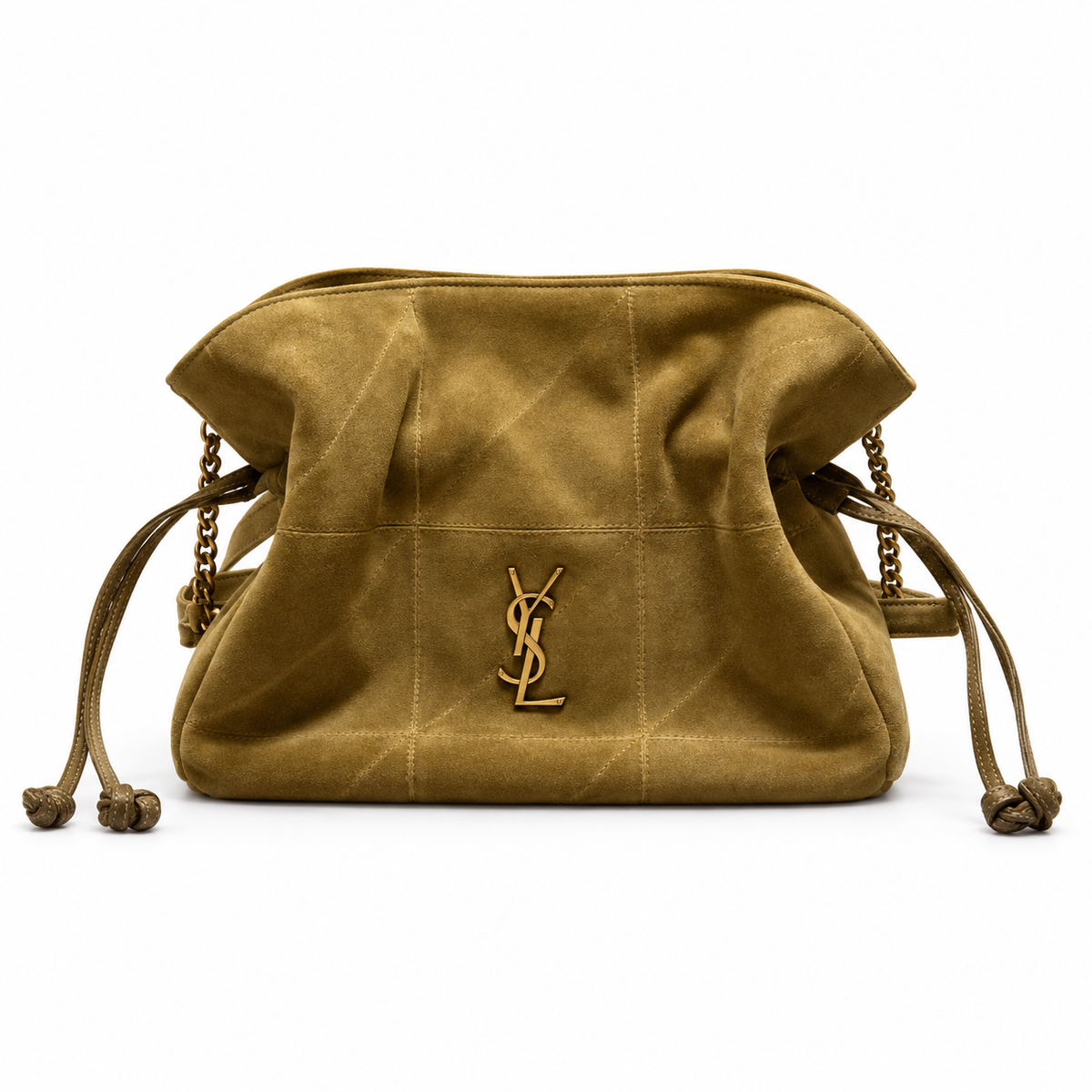 YSL Bouquet Drawstring Bag in olive diamond-quilted suede with gold YSL monogram and chain straps, front view