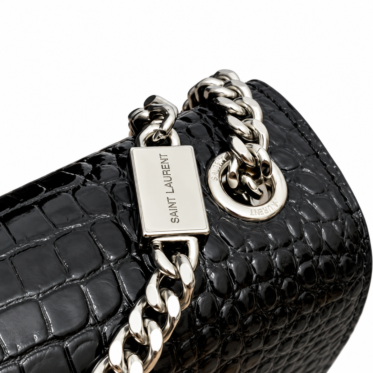 YSL Saint Laurent Kate Clutch in Black Croc-Embossed Leather with Tassel