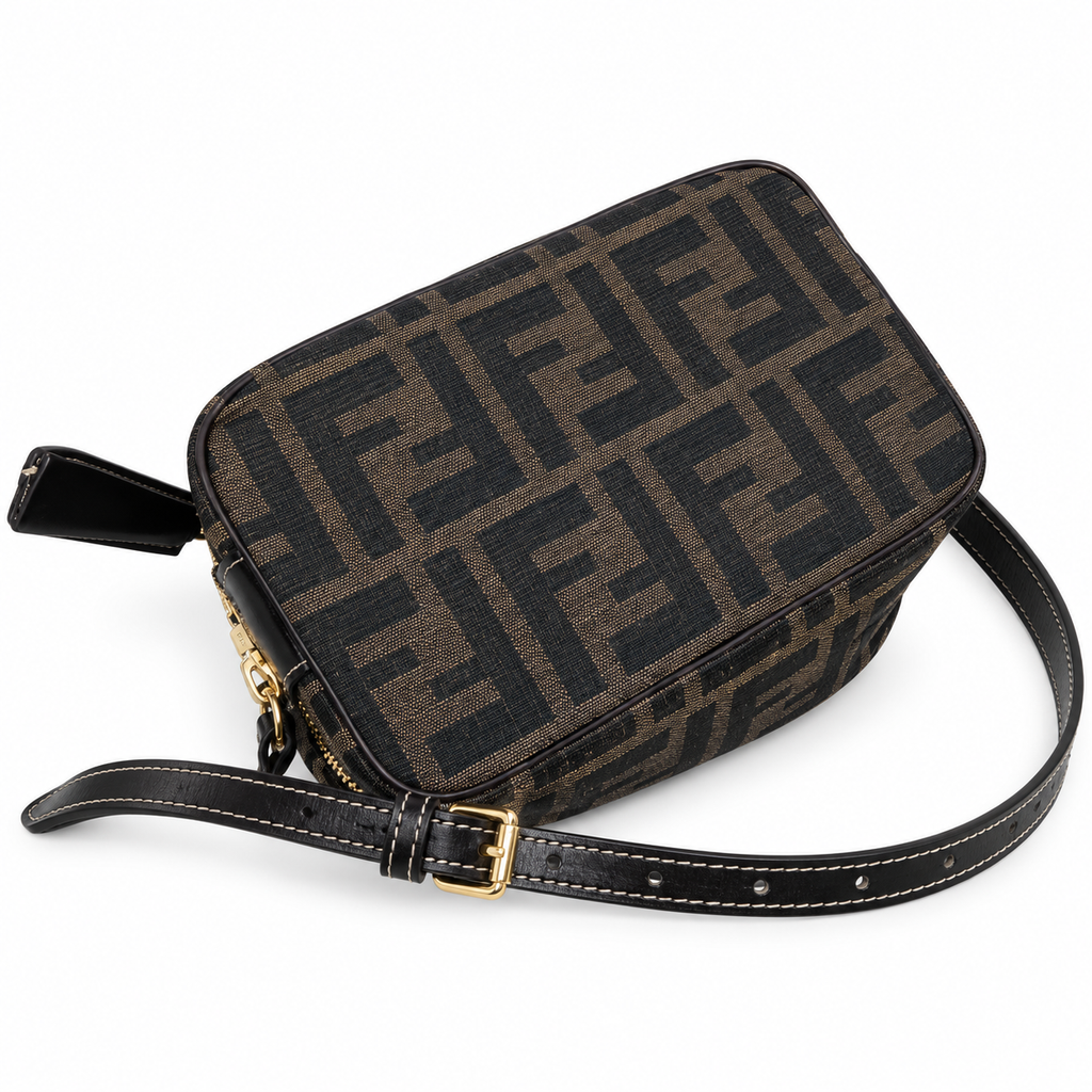 Fendi FF Mini Shoulder Bag – Jacquard Canvas & Leather Trim, Flap Closure, 15cm