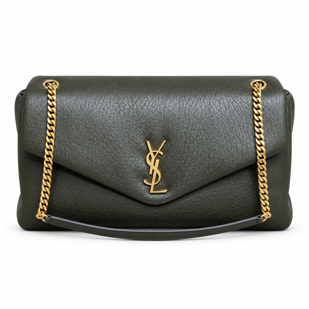 YSL Saint Laurent Calypso Bag Khaki Green Grained Leather Gold Chain Straps