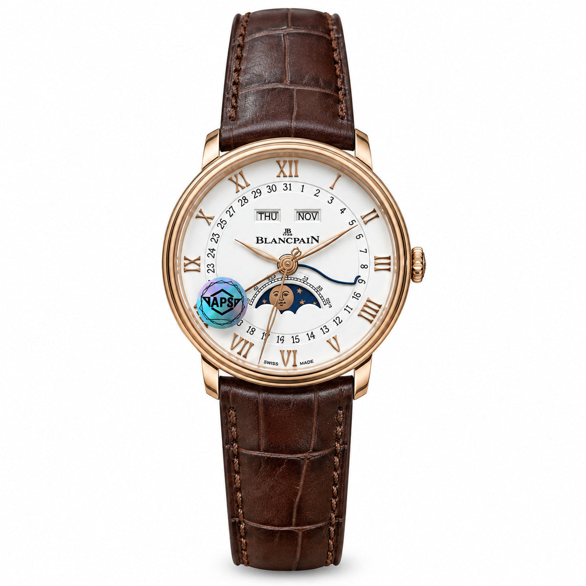 Blancpain Villeret full calendar moonphase rose gold white lacquer dial Roman numerals peripheral date smiling moon brown alligator strap automatic watch