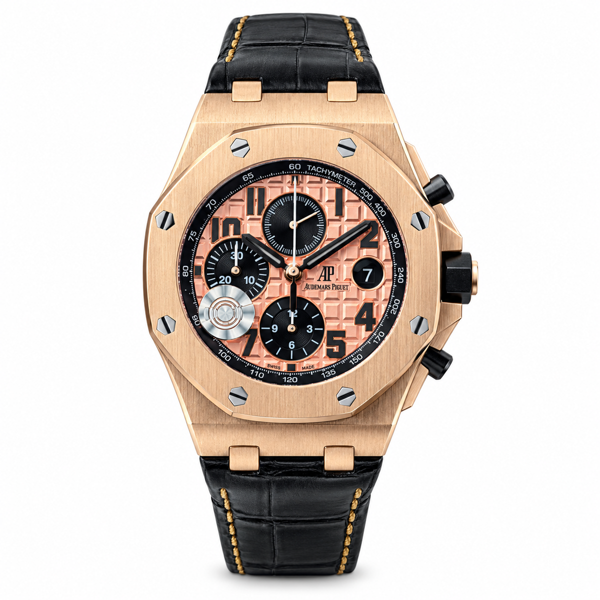 Audemars Piguet Royal Oak Offshore Chronograph Rose Gold Pink Tapisserie Dial Black Leather Strap