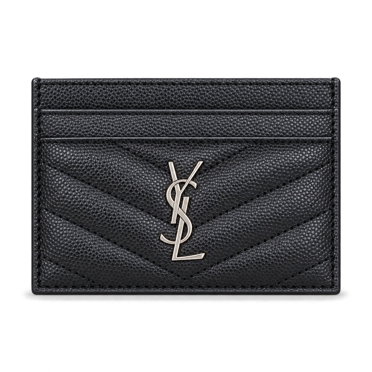 YSL Cassandre Card Holder Black Chevron Grain Leather Silver Logo Saint Laurent