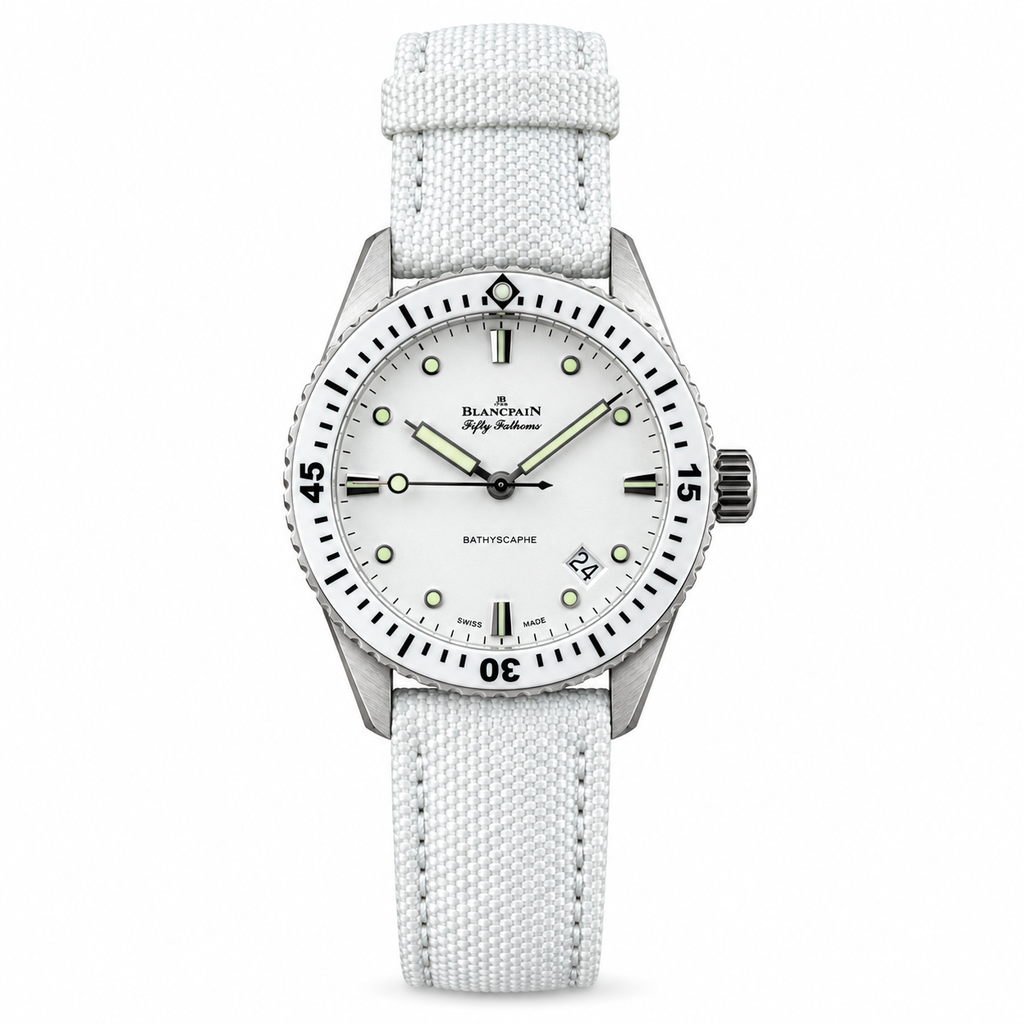 Blancpain Fifty Fathoms Bathyscaphe white dial with white ceramic bezel and canvas strap