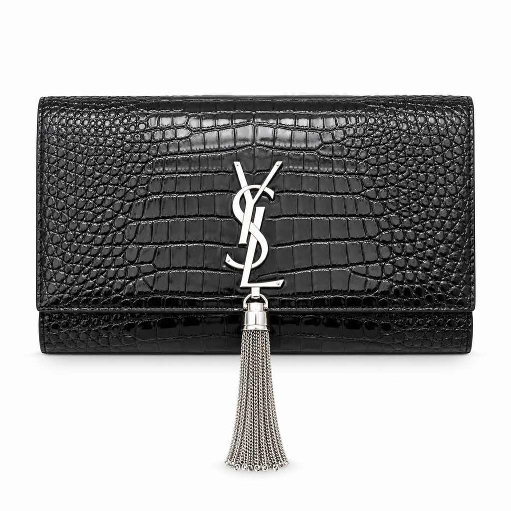 YSL Saint Laurent Kate Clutch in Black Croc-Embossed Leather with Tassel