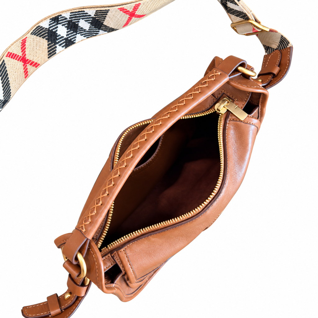 Burberry Cognac Saddle Bag with Check Strap