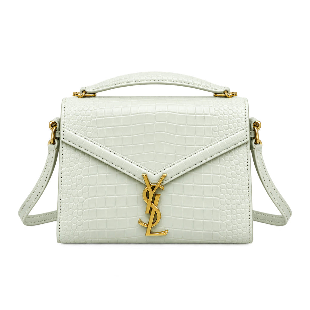 YSL Cassandra Mini Top Handle Bag White Croc Embossed Leather Gold Saint Laurent