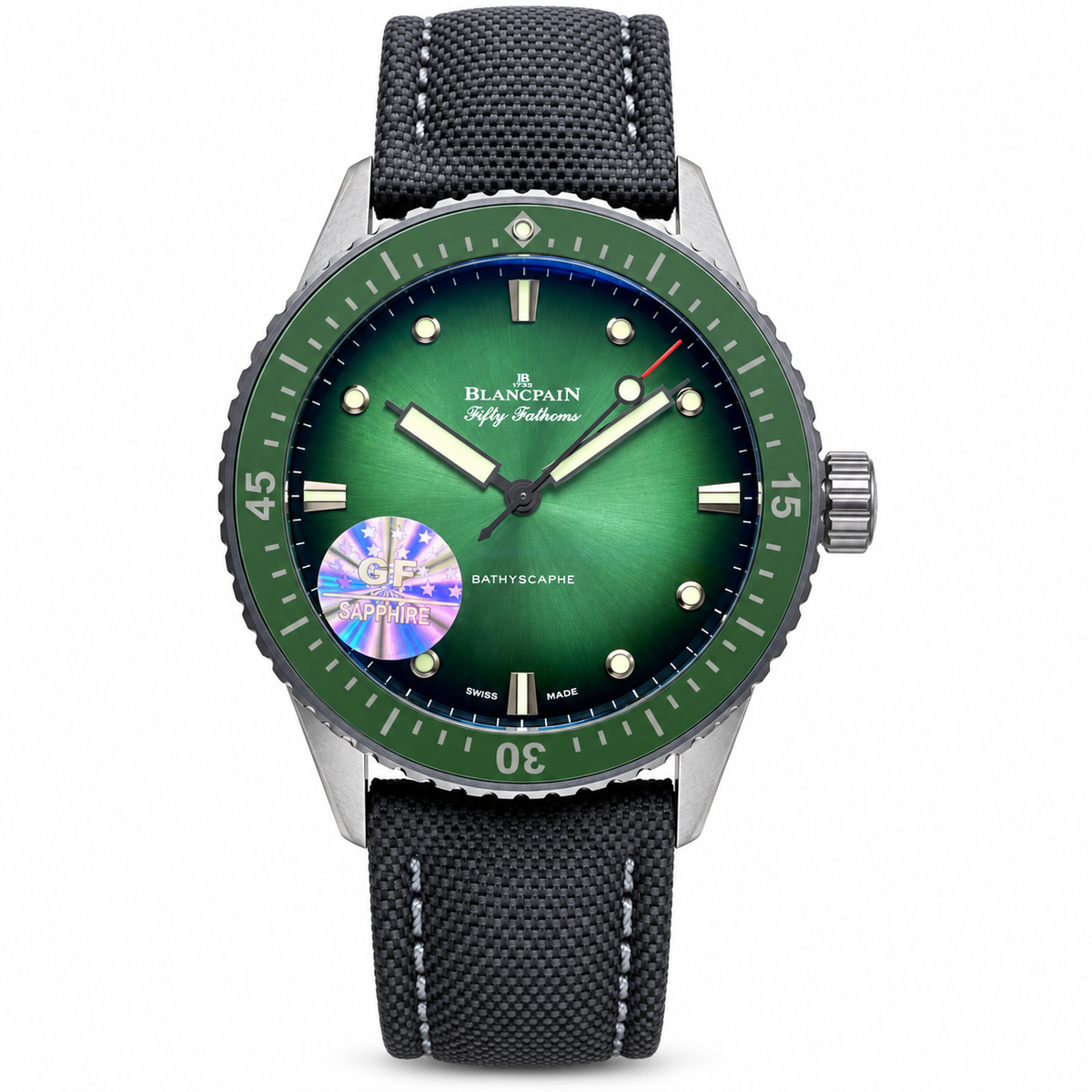 Blancpain Fifty Fathoms Bathyscaphe Green Sunburst Dial Black Canvas Watch