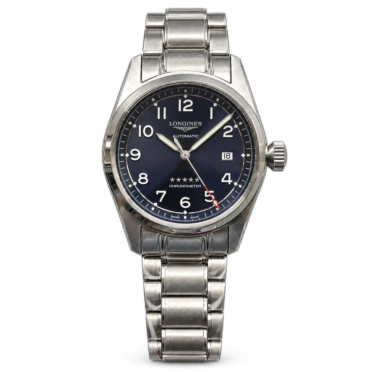 Longines Spirit midnight blue dial red seconds hand stainless steel bracelet COSC chronometer automatic pilot watch