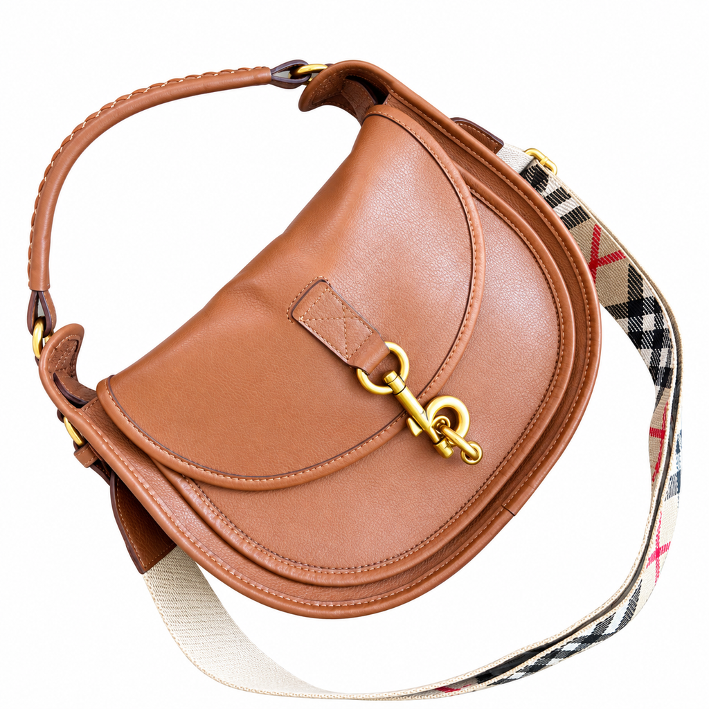 Burberry Cognac Saddle Bag with Check Strap
