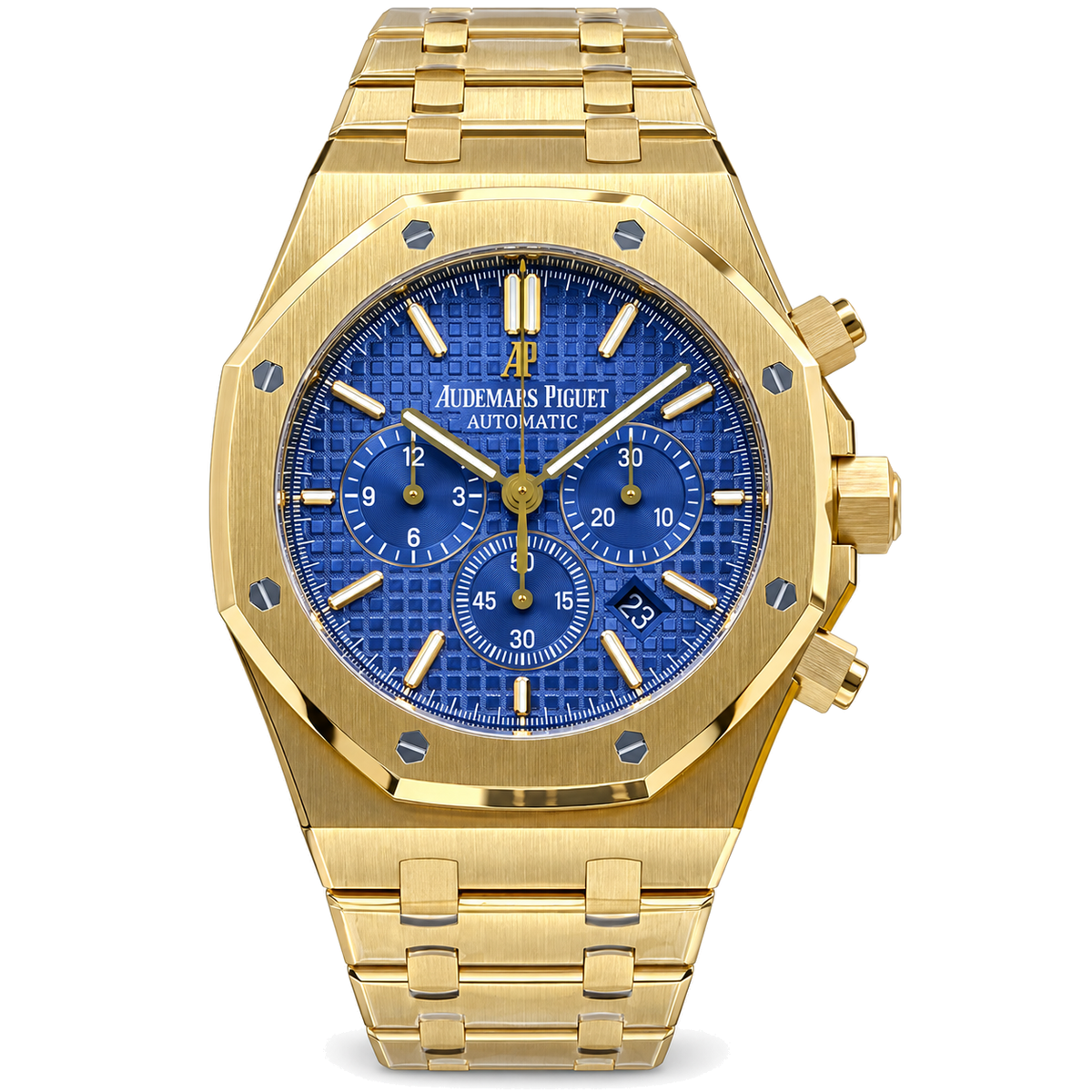 Audemars Piguet Royal Oak Chronograph 18k Yellow Gold Blue Petite Tapisserie Dial Gold Bracelet