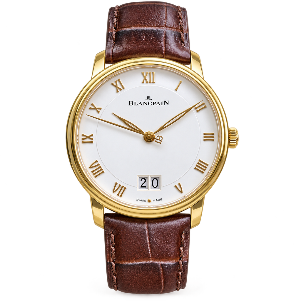 Blancpain Villeret grande date 18k yellow gold white lacquer dial Roman numerals large date brown alligator strap automatic dress watch