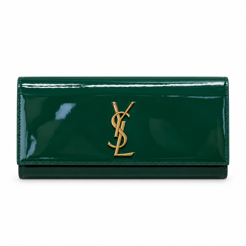 Saint Laurent Cassandre flat clutch in emerald green patent leather with oversized gold YSL monogram on flap