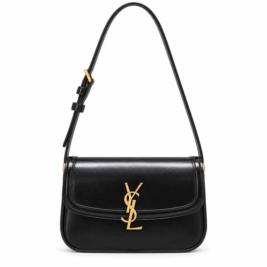 Saint Laurent Solferino flap shoulder bag in black smooth polished leather with gold YSL monogram and slim adjustable strap