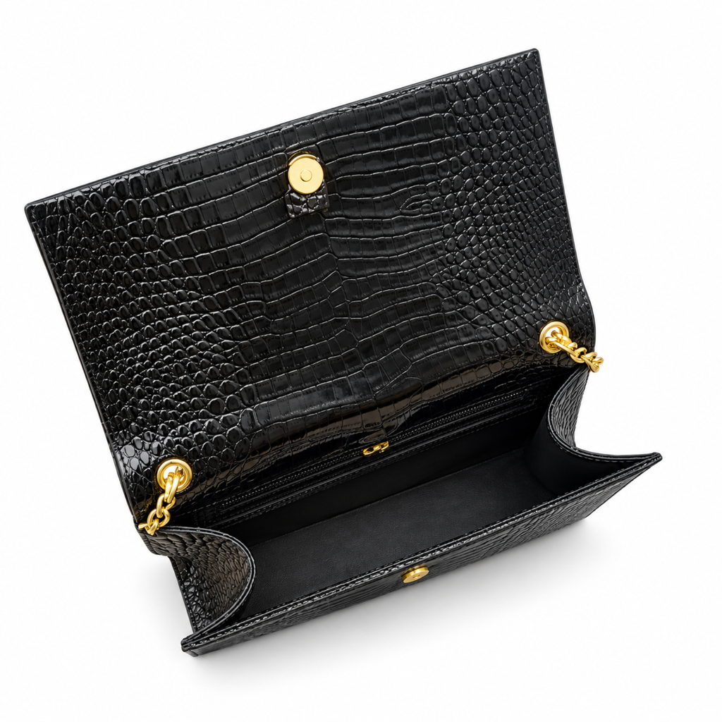 YSL Saint Laurent Kate Chain Bag in Black Croc-Embossed Leather with Tassel