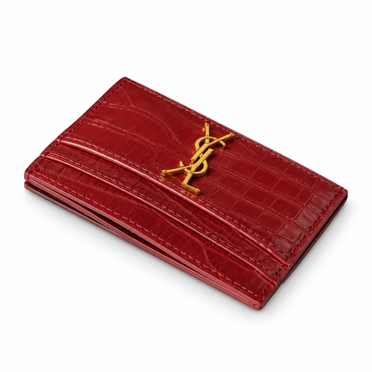 YSL Saint Laurent Monogram Croc-Embossed Card Holder Red