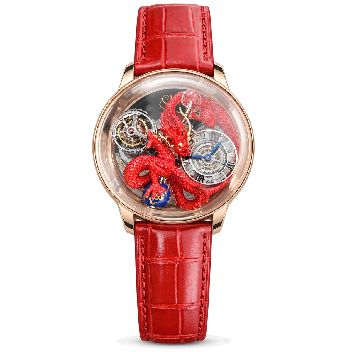 Jacob & Co. Astronomia Art Red Dragon Rose Gold Tourbillon Blue Orb Red Leather Watch