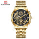 NAVIFORCE Men's Skeleton Chronograph Full Gold Stainless Steel Case Black Open-Work Dial Red Logo Five-Link Bracelet 44mm