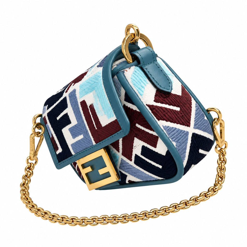 Fendi FF Mini Baguette Shoulder Bag – Jacquard Canvas & Leather Trim, Flap Closure, 19cm