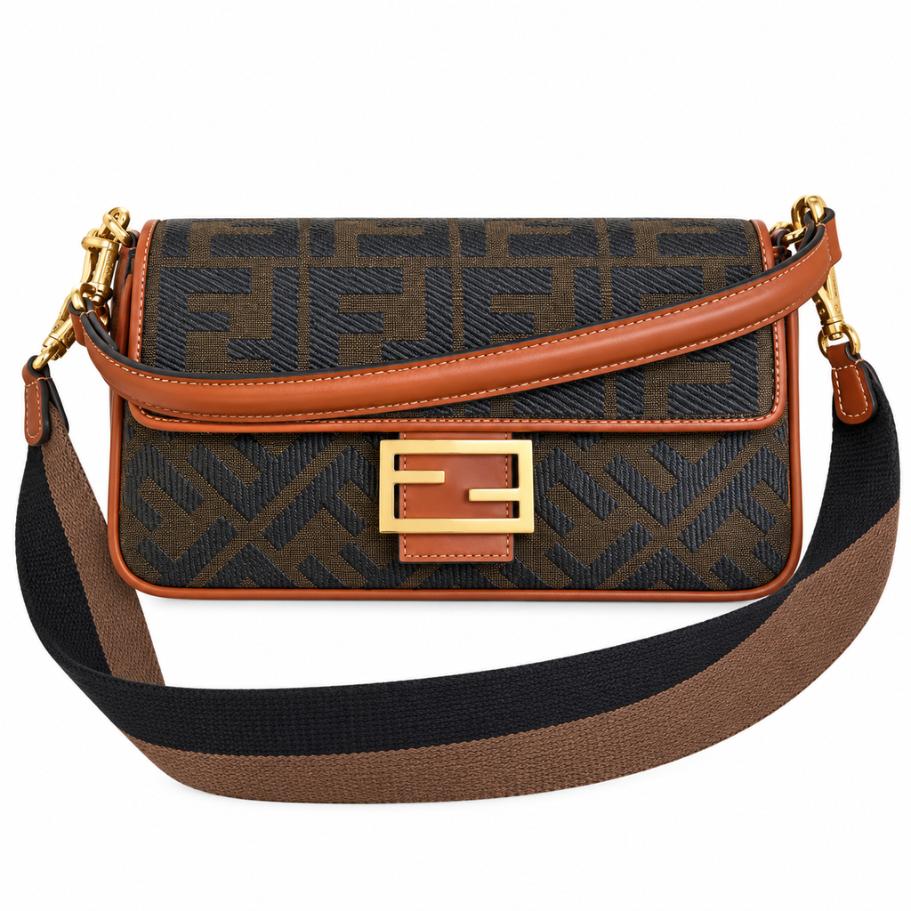 Fendi FF Shoulder Bag – Jacquard Canvas & Leather Trim, Flap Closure, 26cm